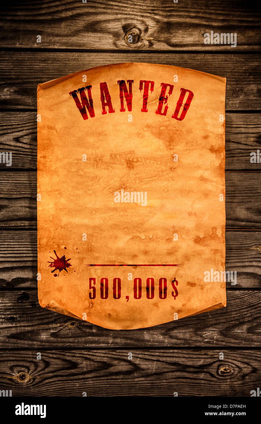 Vintage wanted poster with curled edge against the background of an aged wood Stock Photo