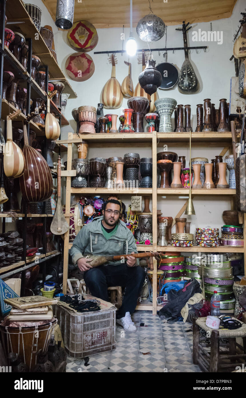 Morocco, Marrakesh musical instrument shop in the souk of woodworkers