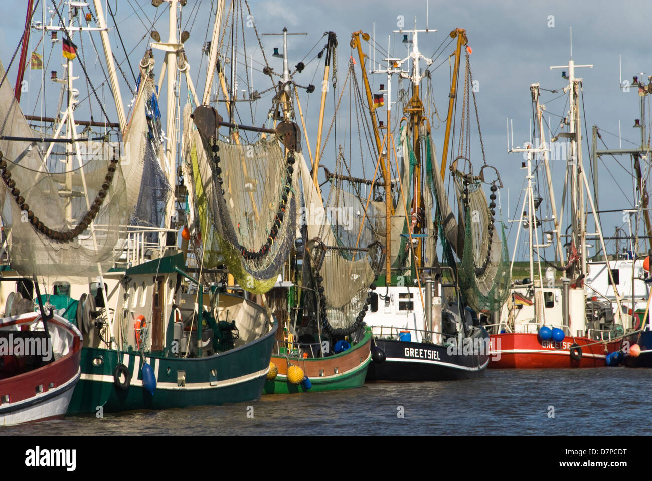 Shrimp boats parade in the East Frisian North Sea port town, Krabbenkutterparade in der ostfriesischen Greetsiel Stock Photo