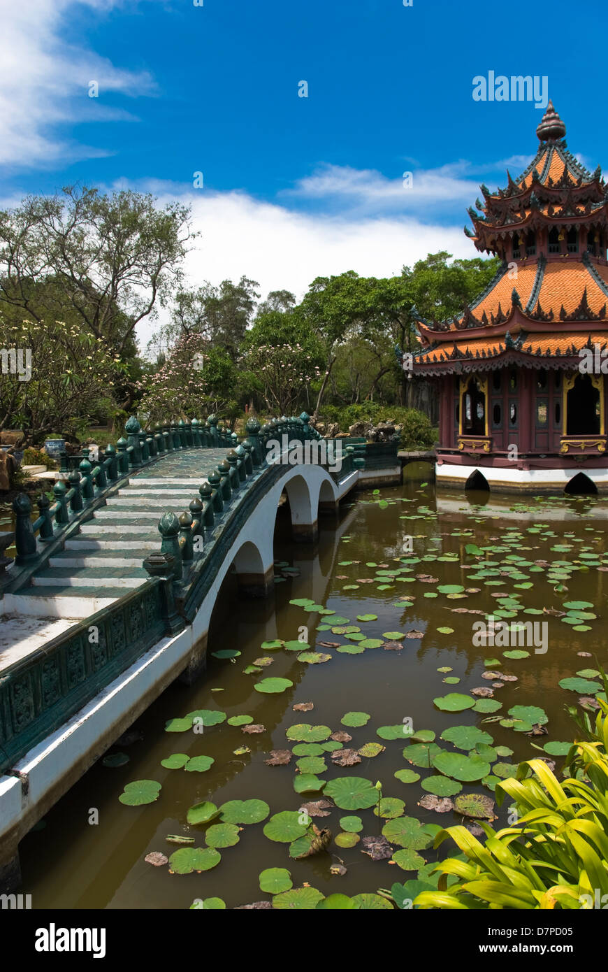 Phra Kaew Pavilion, Ornamental Garden, Bridge over the Water Lily Pond, Phra Kaew Pavillion, Ziergarten, Bruecke Stock Photo