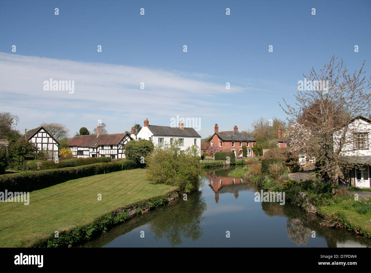 River Arrow and houses Black and White Village Trail Eardisland