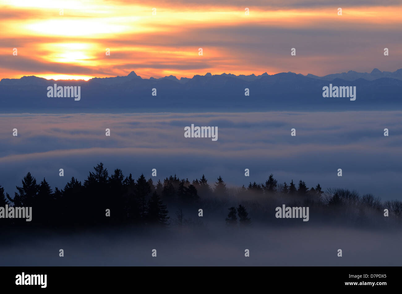 View from Hoechsten in Upper Swabia, the Allgäu Alps, over the fog-shrouded Lake Basin across Stock Photo