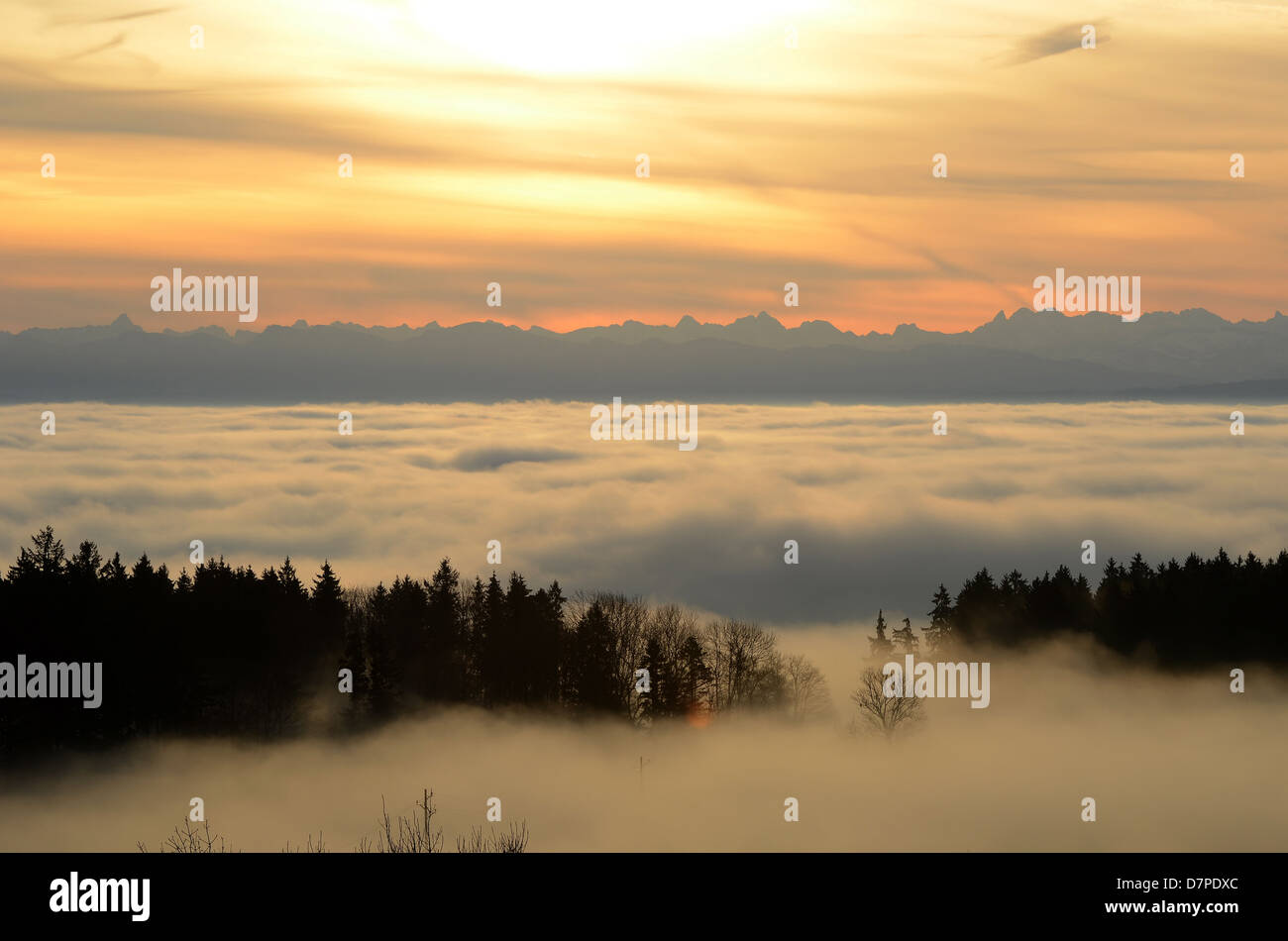View from Hoechsten in Upper Swabia, the Allgäu Alps, over the fog-shrouded Lake Basin across Stock Photo