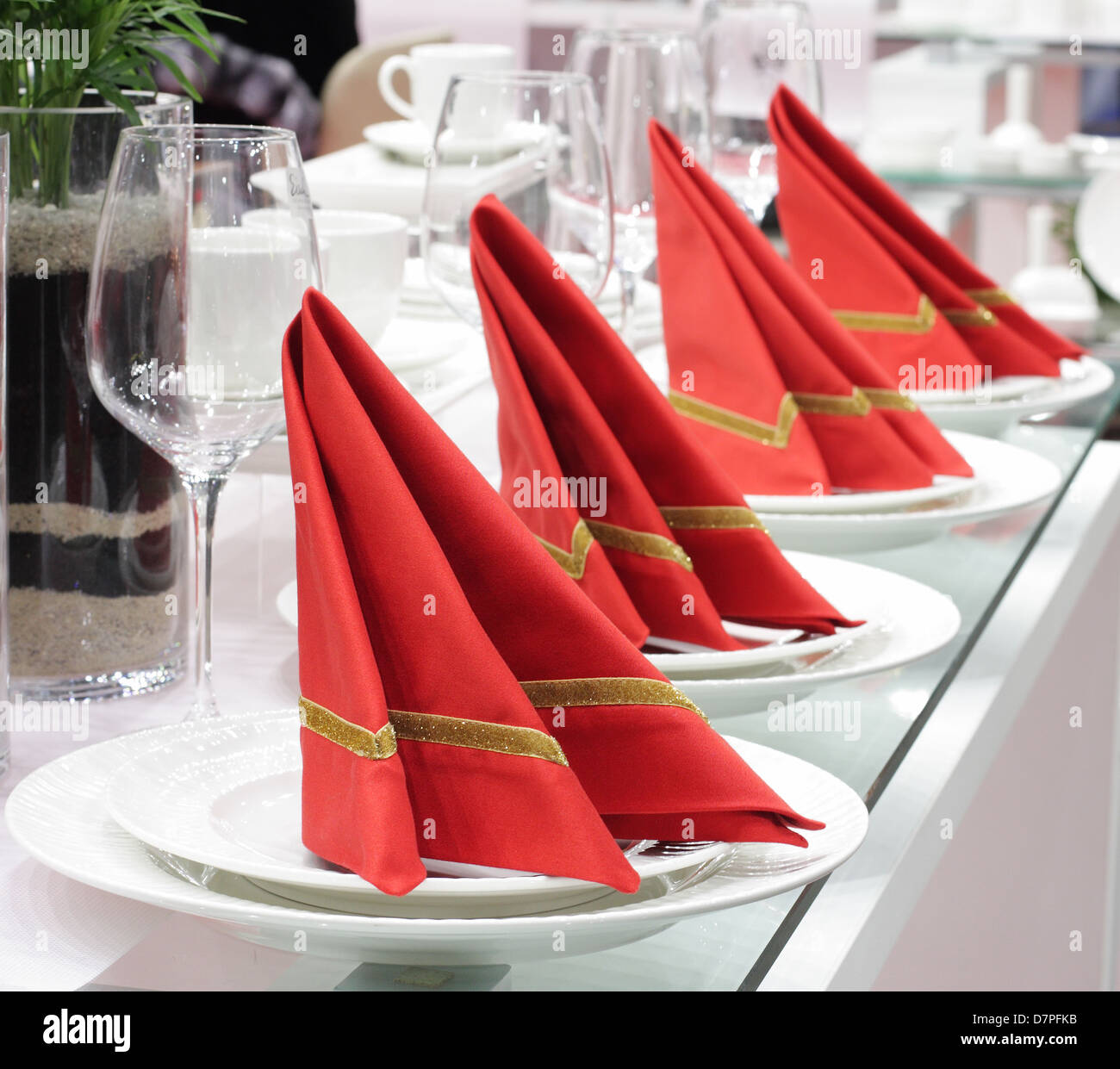 complete set of white ware, dinner service with Red napkin Stock Photo