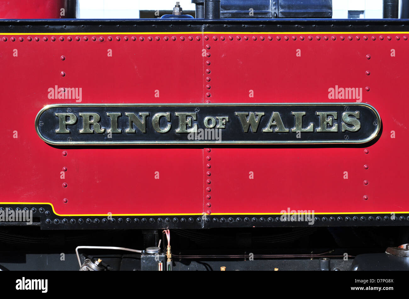 Name plate and detail of narrow gauge railway locomotive 'Prince of Wales' on the vale of Rheidol steam railway at Aberystwyth Stock Photo