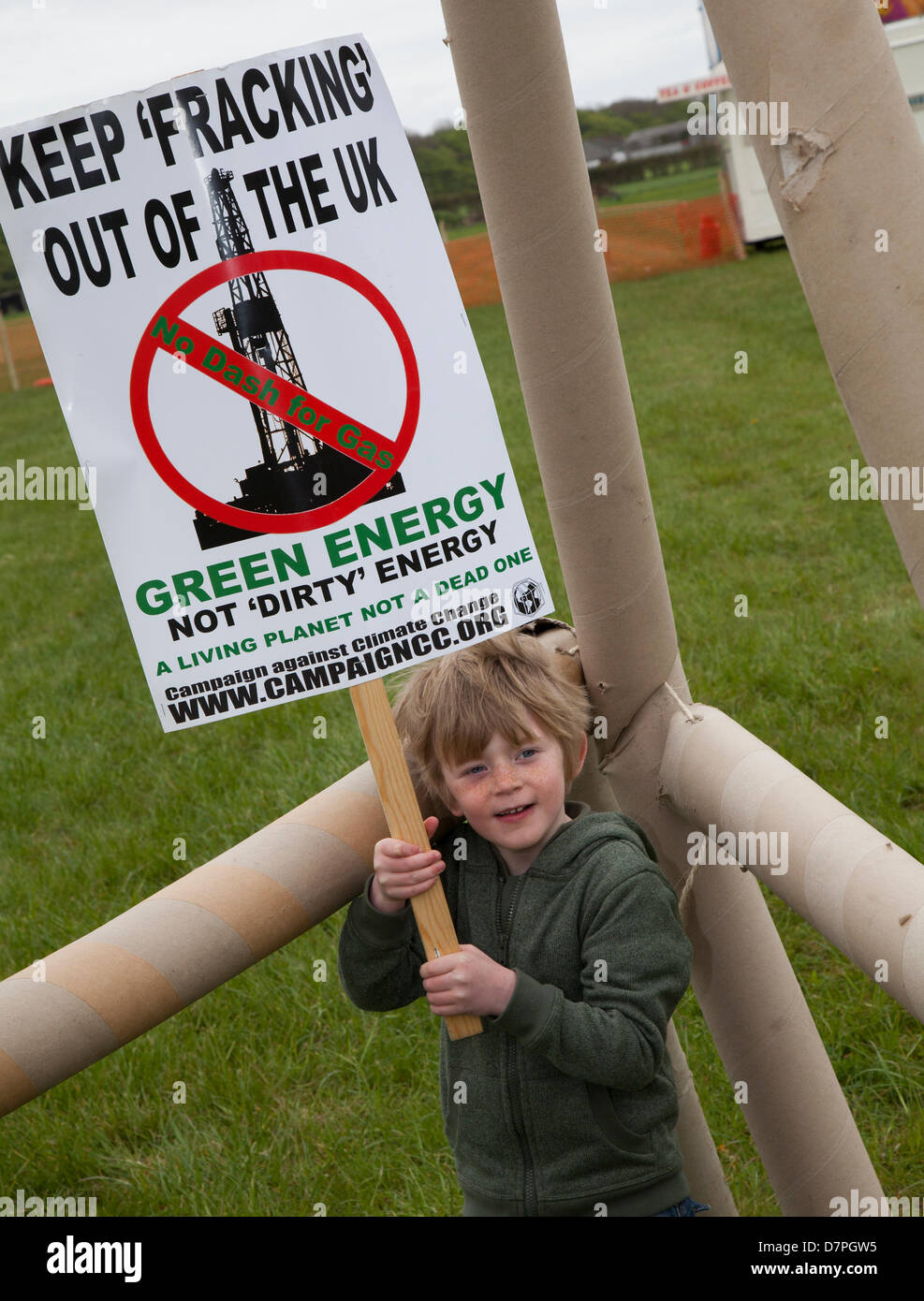 Southport, UK 12th May, 2013.  Dylan Stopforth Kemp,  8 at  Camp Frack 2 a weekend of activity in opposition to Fracking & other forms of Extreme Energy. This event organised by a coalition of local and national anti-fracking, Trades Union and environmental groups including Campaign against Climate Change, REAF, RAFF, FFF, Merseyside against Fracking, Friends of the Earth & Gtr Manchester Assoc. of Trade Union Councils, Frack Off.  In September 2011 groups organised Camp Frack (1) to protest against plans by Cuadrilla Resources to drill for shale gas. Conrad Elias/Alamy Live News Stock Photo