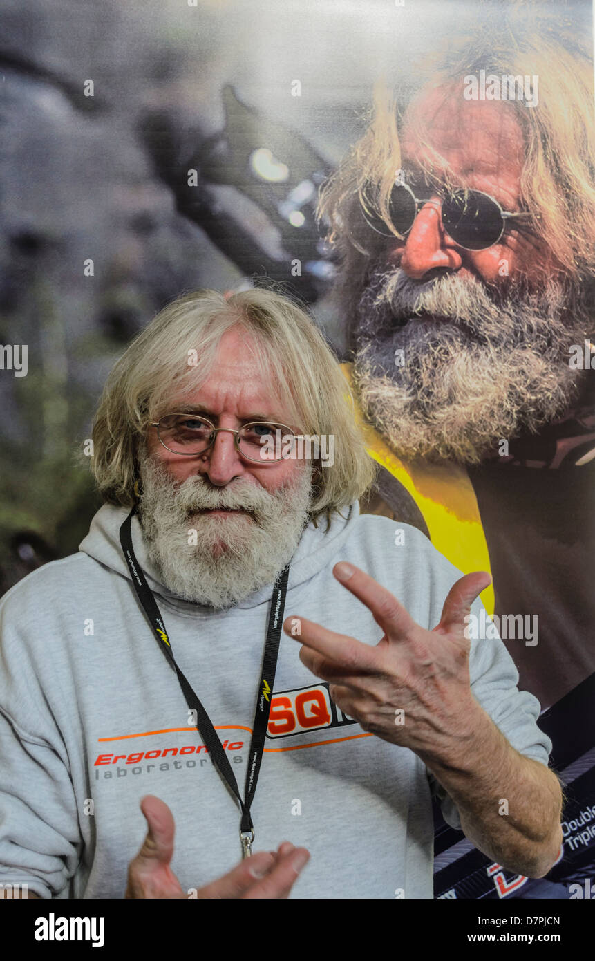 German traveler going around the world on a bicycle for 30 years at the bicycle fair in Berlin, Germany Stock Photo