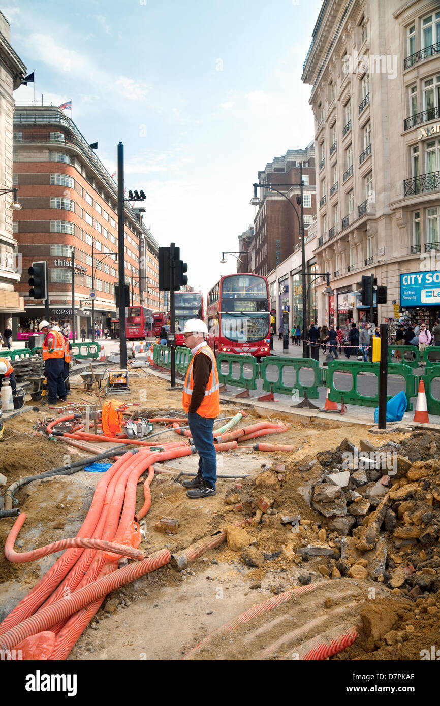 Roadworks on Oxford Street, junction with Marble Arch, central London city, UK Stock Photo