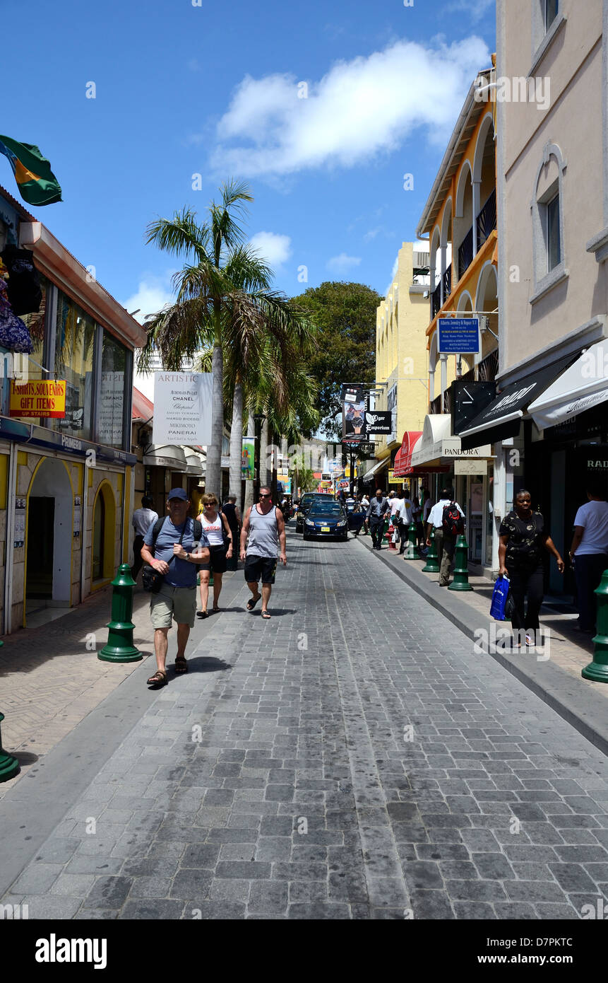 Shopping street in Philipsburg, St. Maarten, Netherland Antilles Stock Photo