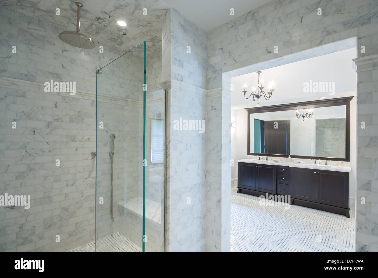 Large modern Italian bathroom with walk in shower. Stock Photo