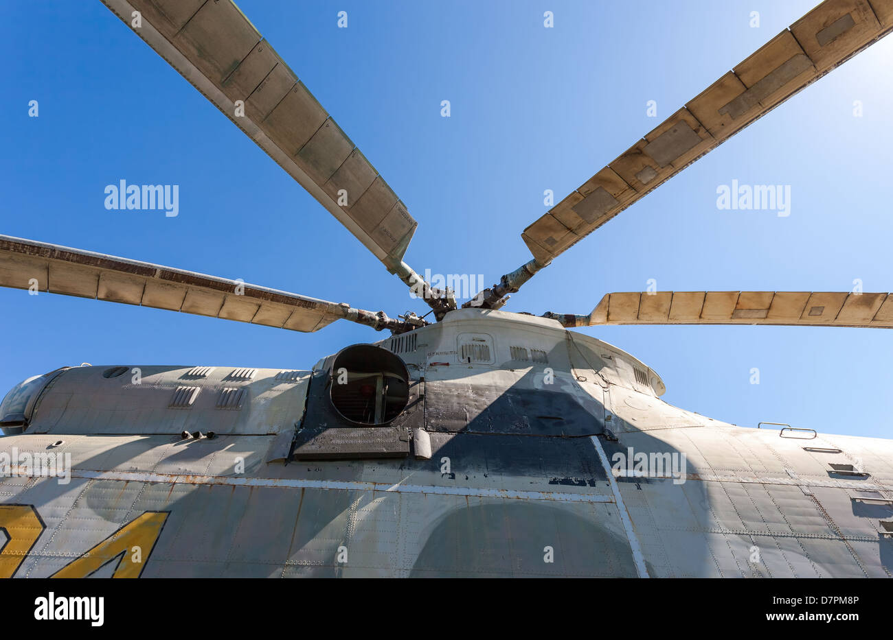 Propeller of helicopter against blue sky Stock Photo Alamy
