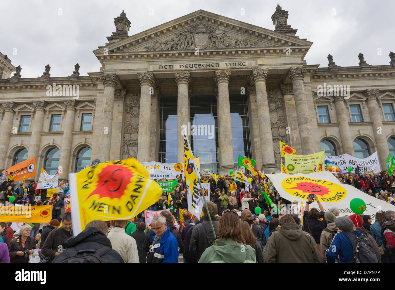 anti-nuclear demonstration in government district, here in front of Reichstag building or Bundestag the parliament, Berlin Stock Photo