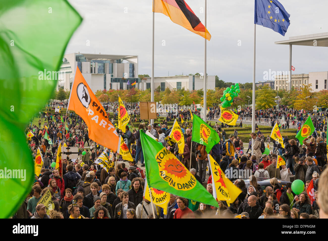 anti-nuclear demonstration in government district, here in front of Reichstag building or Bundestag the parliament, Berlin Stock Photo