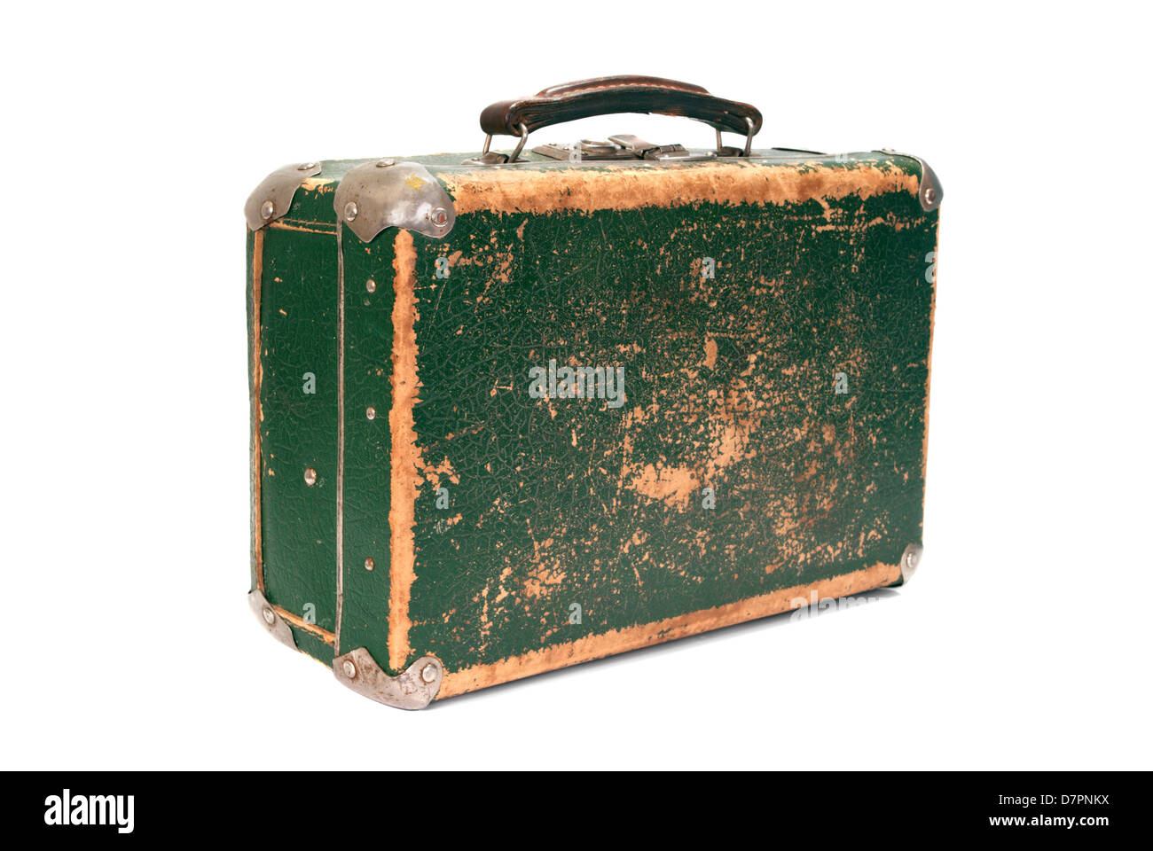 Old green shabby suitcase on white background Stock Photo