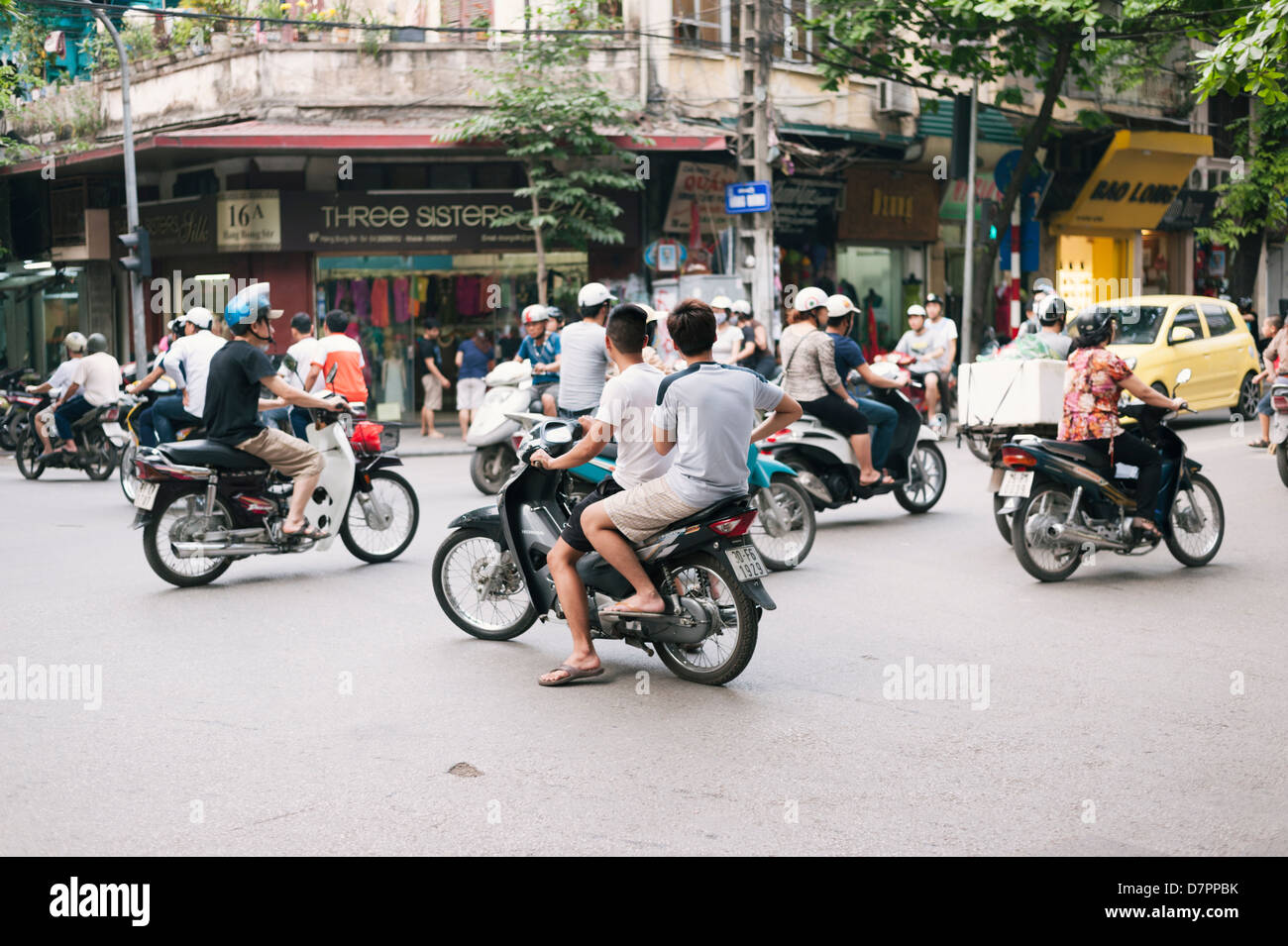 Hanoi, Vietnam - scooter traffic in the Old Quarter Stock Photo