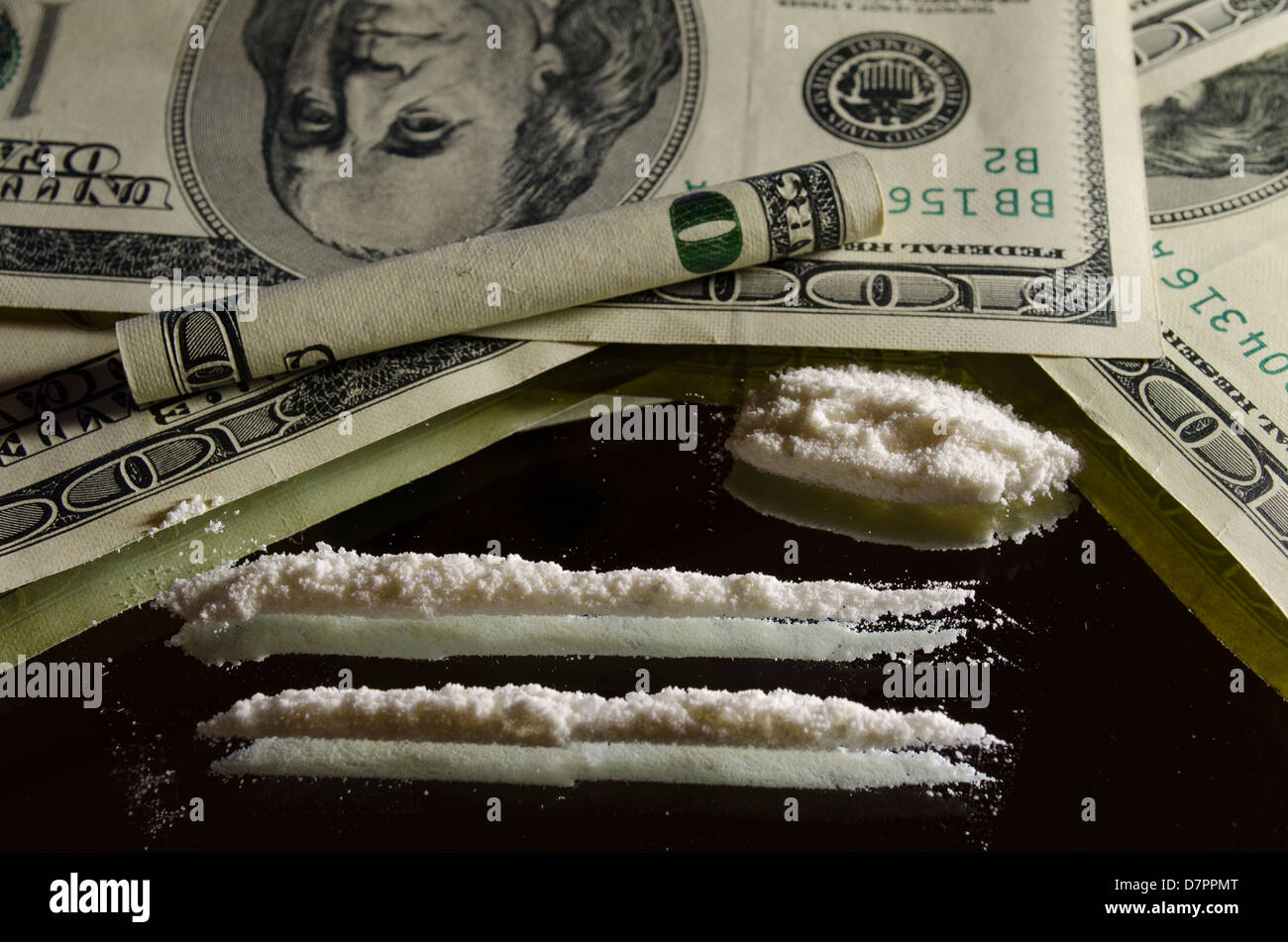 Drugs and money on the mirror Stock Photo