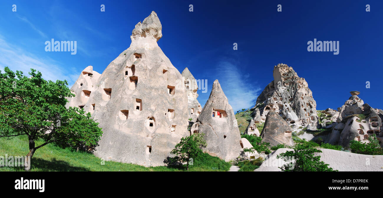 Uchisar is the highest village in Cappadocia, visible for a great distance. Turkey Stock Photo