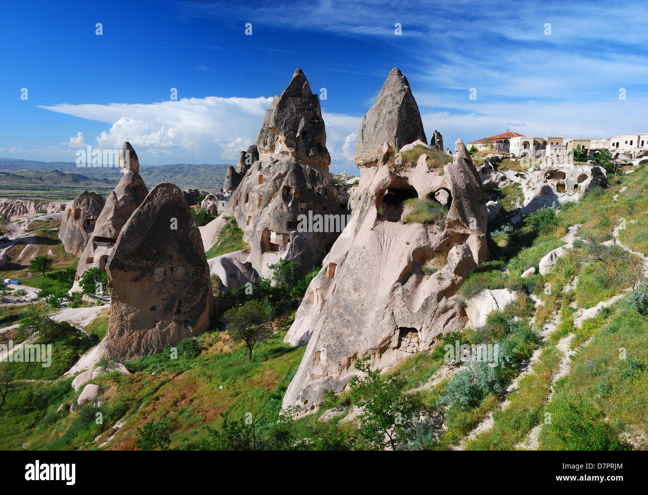 Uchisar is the highest village in Cappadocia, visible for a great distance. Turkey Stock Photo