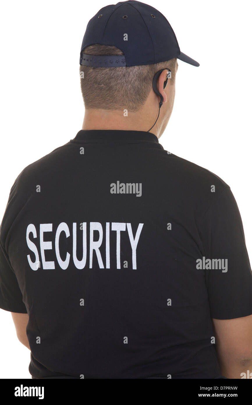 back of a security guard isolated on white Stock Photo