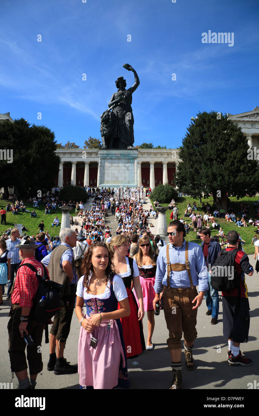 Oktoberfest, tourist in front of BAVARIA monument, Theresienwiese,  Munich, Bavaria, Germany Stock Photo