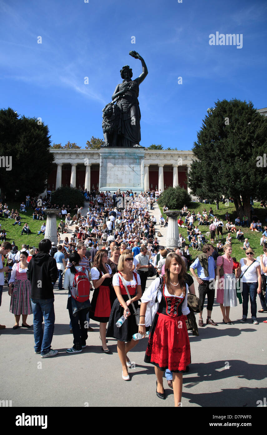 Oktoberfest, tourist in front of BAVARIA monument, Theresienwiese,  Munich, Bavaria, Germany Stock Photo