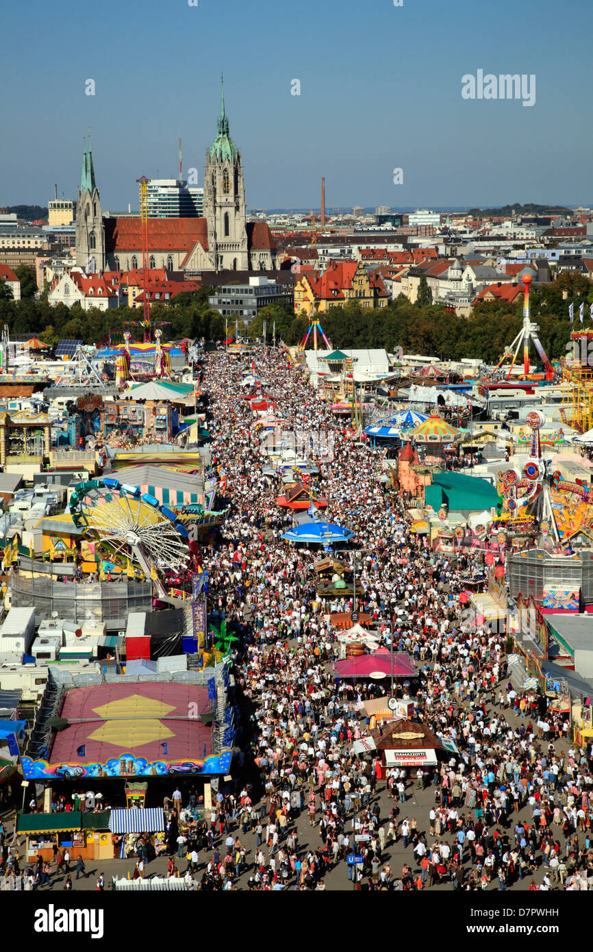 Oktoberfest, view acros the Theresienwiese fairground, Munich, Bavaria, Germany Stock Photo