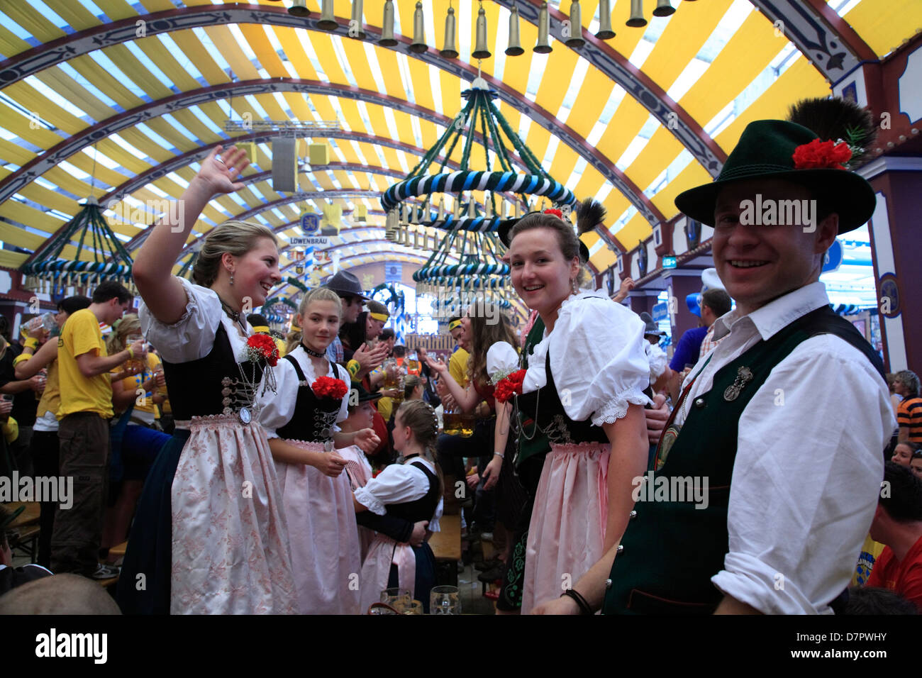 Oktoberfest, People at Loewenbraeu tent, Munich, Bavaria, Germany Stock