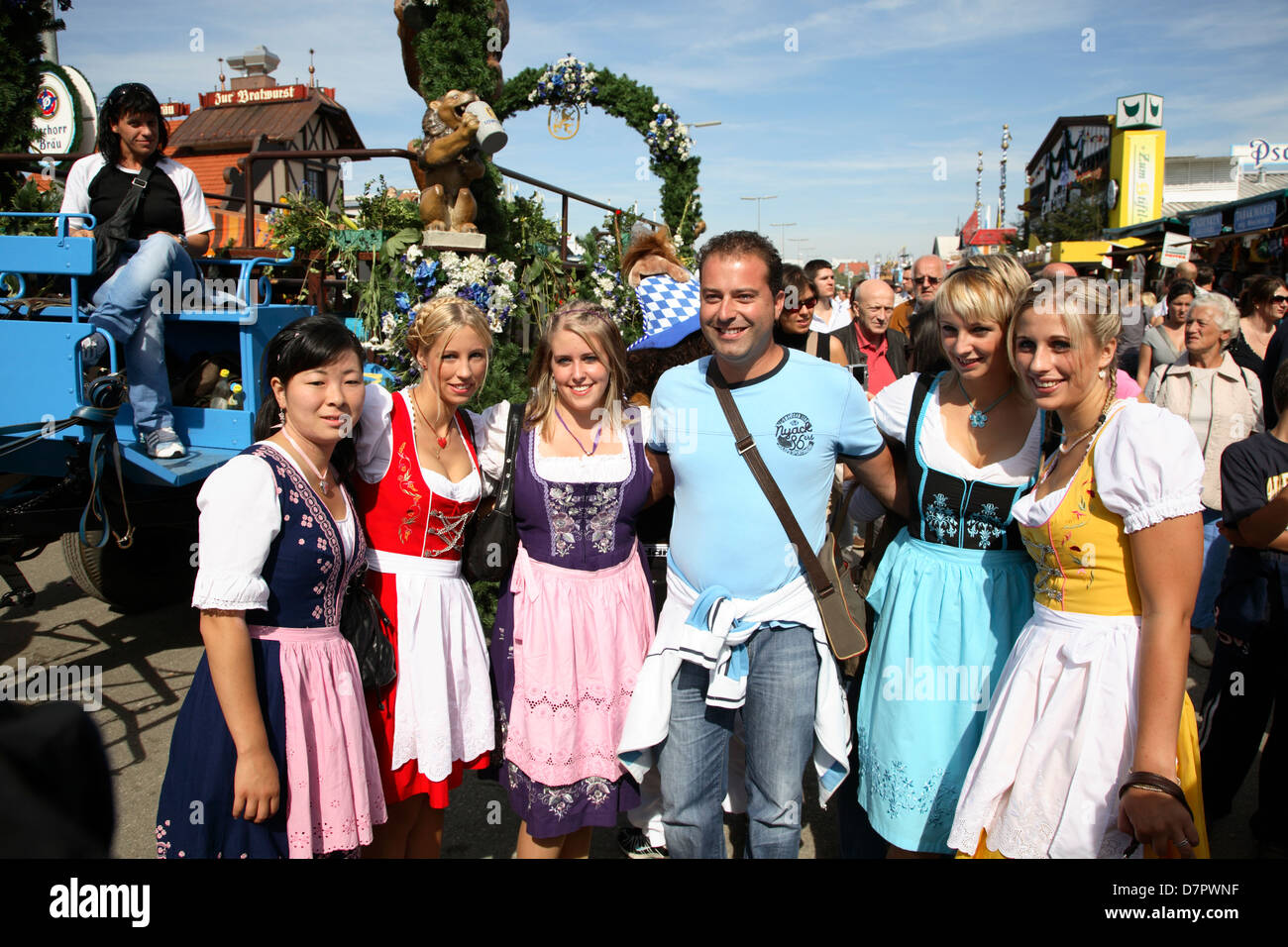 Oktoberfest, young women with traditional Dirndl, Munich, Bavaria ...