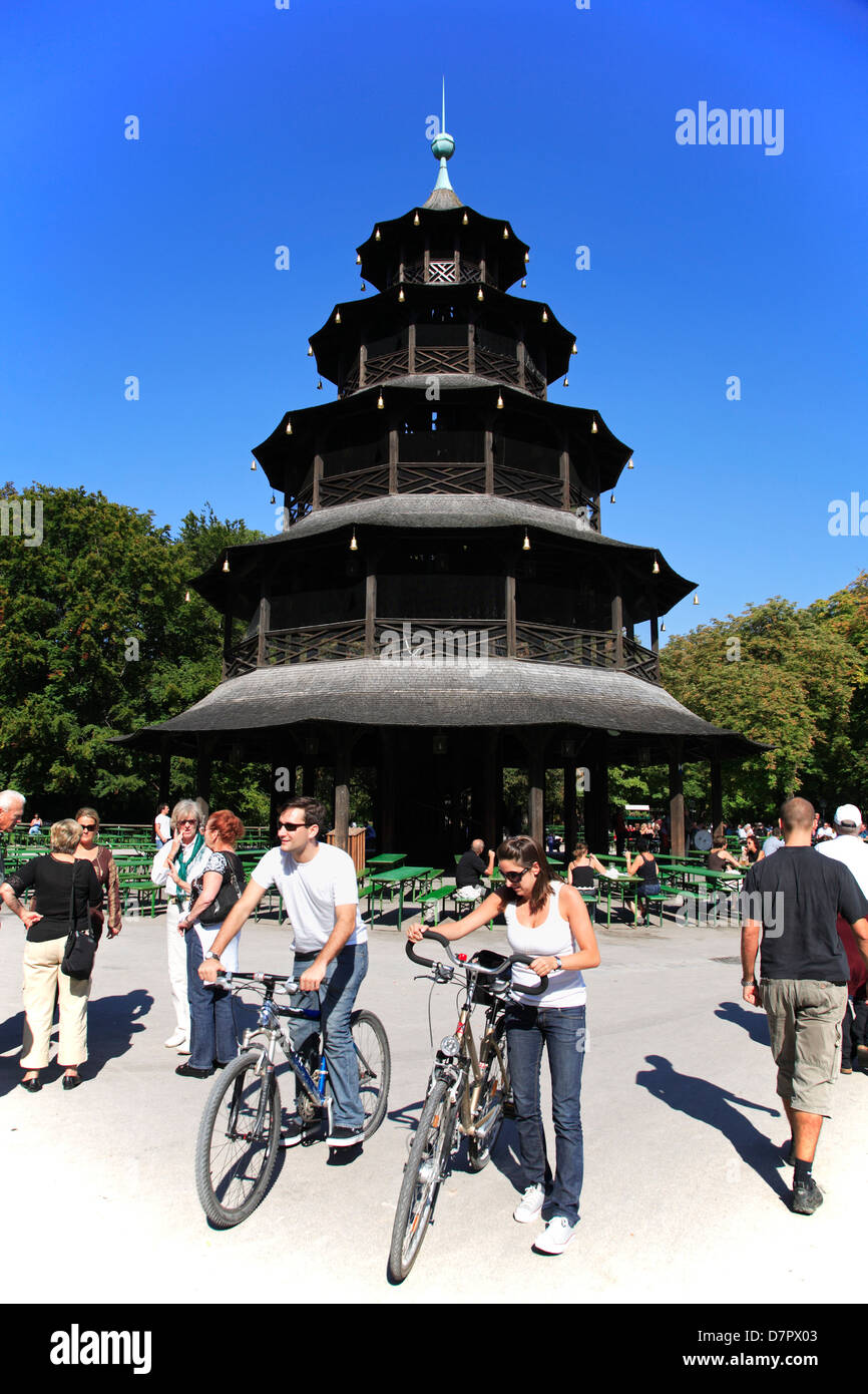 Chinese Tower at Englischer Garten, English Garden, Park, cyclists