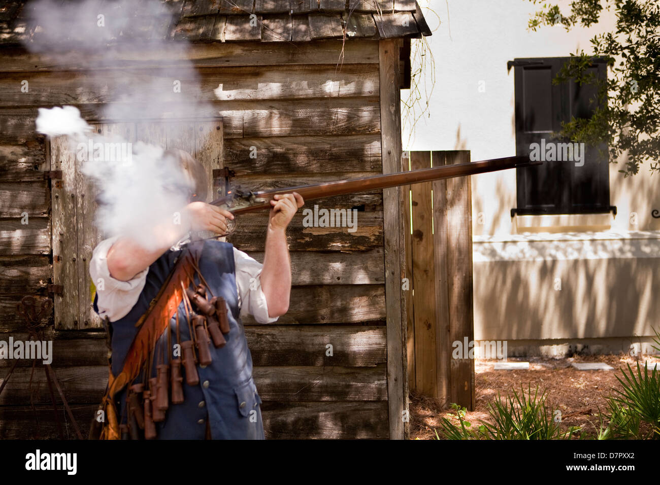 A reenactor demonstrate how to fire a musket in the Colonial Quarter, St. Augustine, Stock Photo