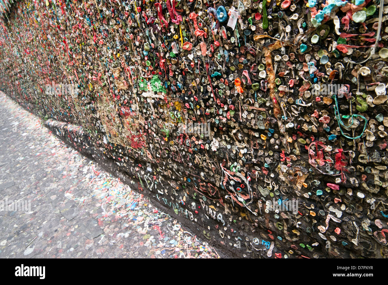 Gum travels up the wall at Market Theater Post Alley Seattle WA Stock Photo