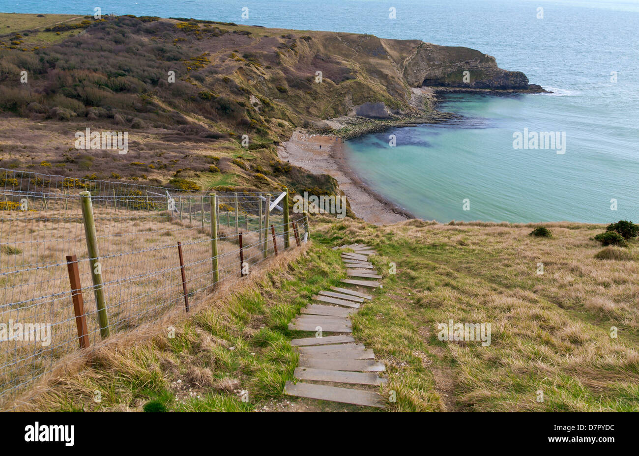 Lulworth Cove, Dorset, England viewed from the South West Coast Path, March 2013 Stock Photo