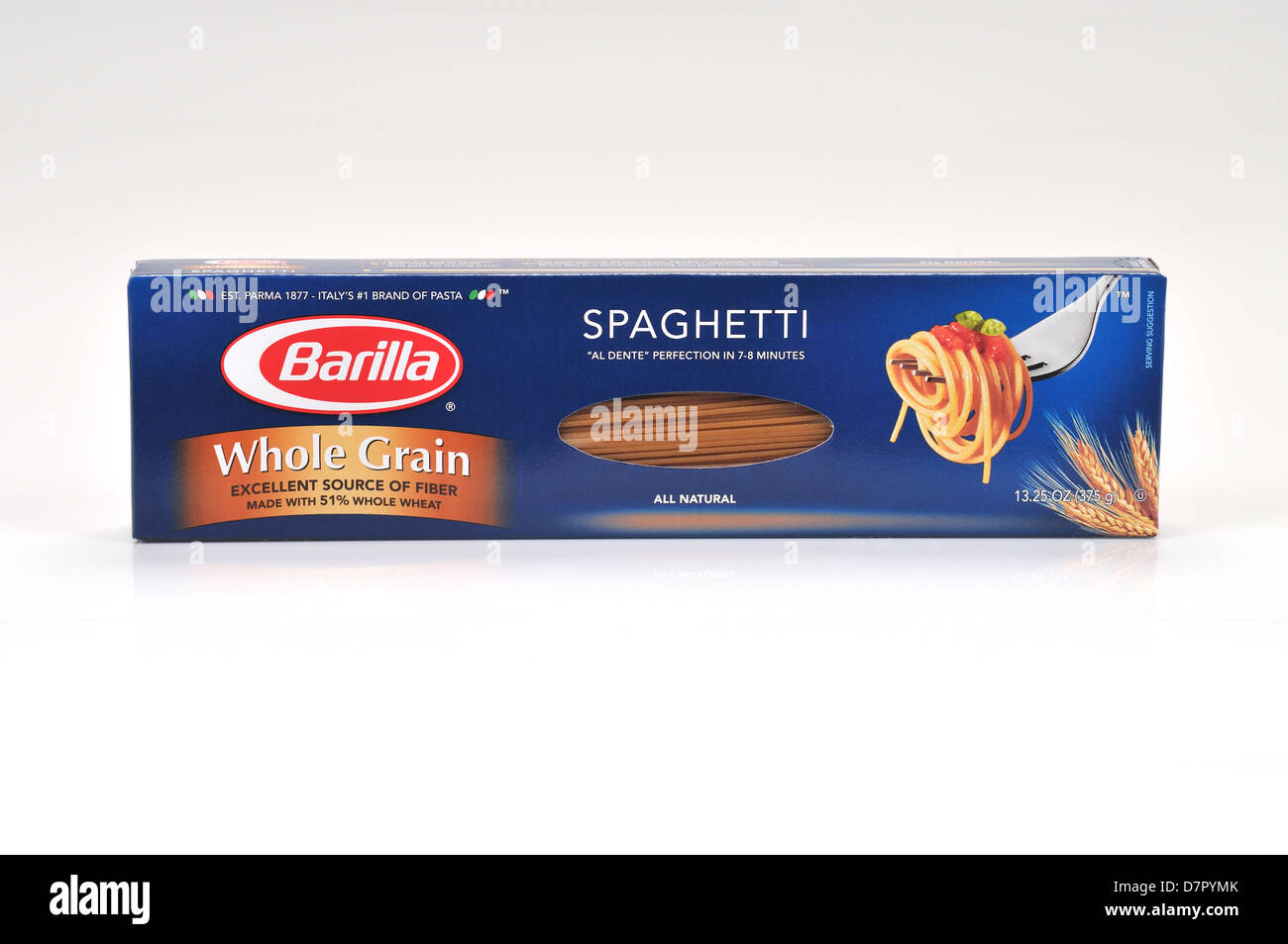 Unopened box of Barilla whole grain spaghetti pasta on white background, cutout. USA Stock Photo