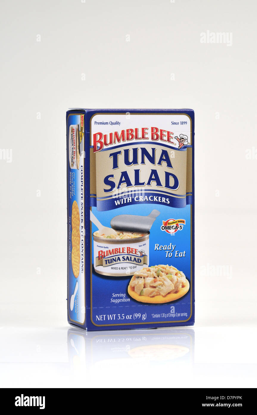 Pack of Bumble Bee ready to eat tuna salad with crackers on white background, cutout. USA Stock Photo