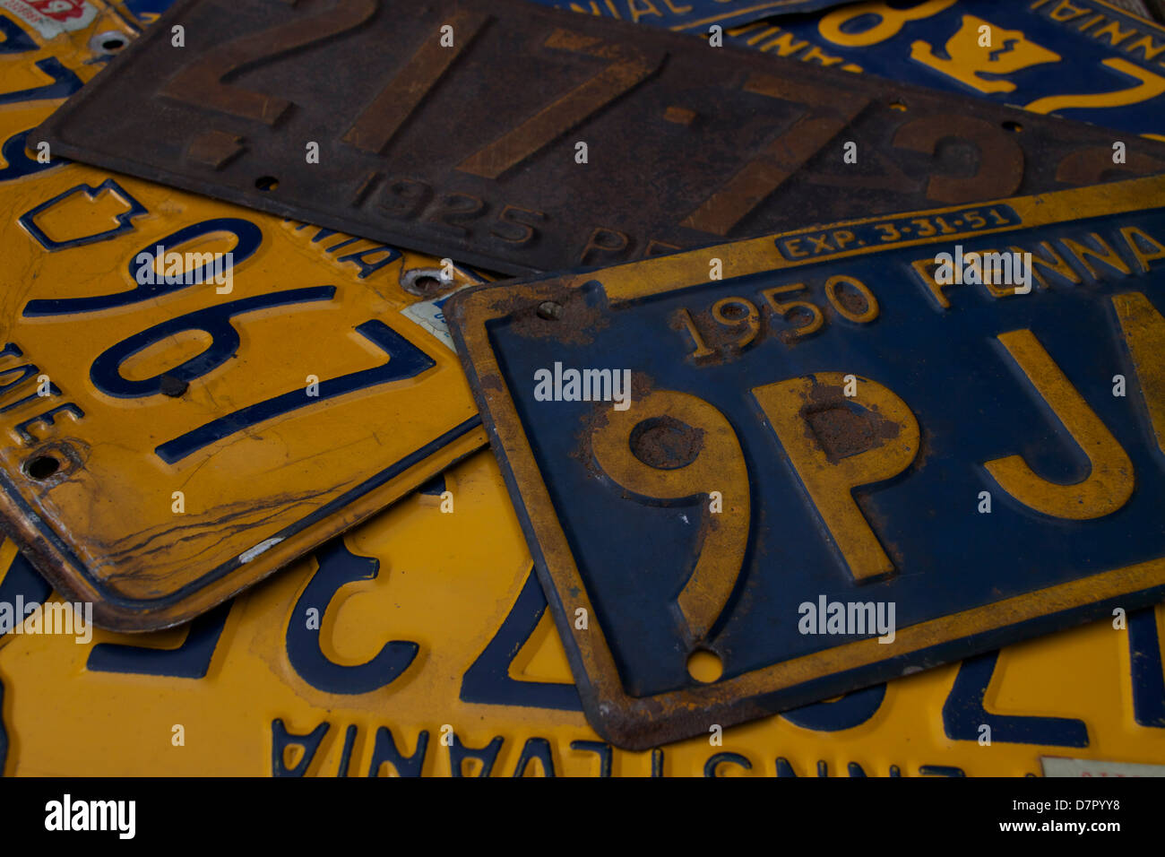 Array of Pennsylvania license plates scanning the decades. Stock Photo