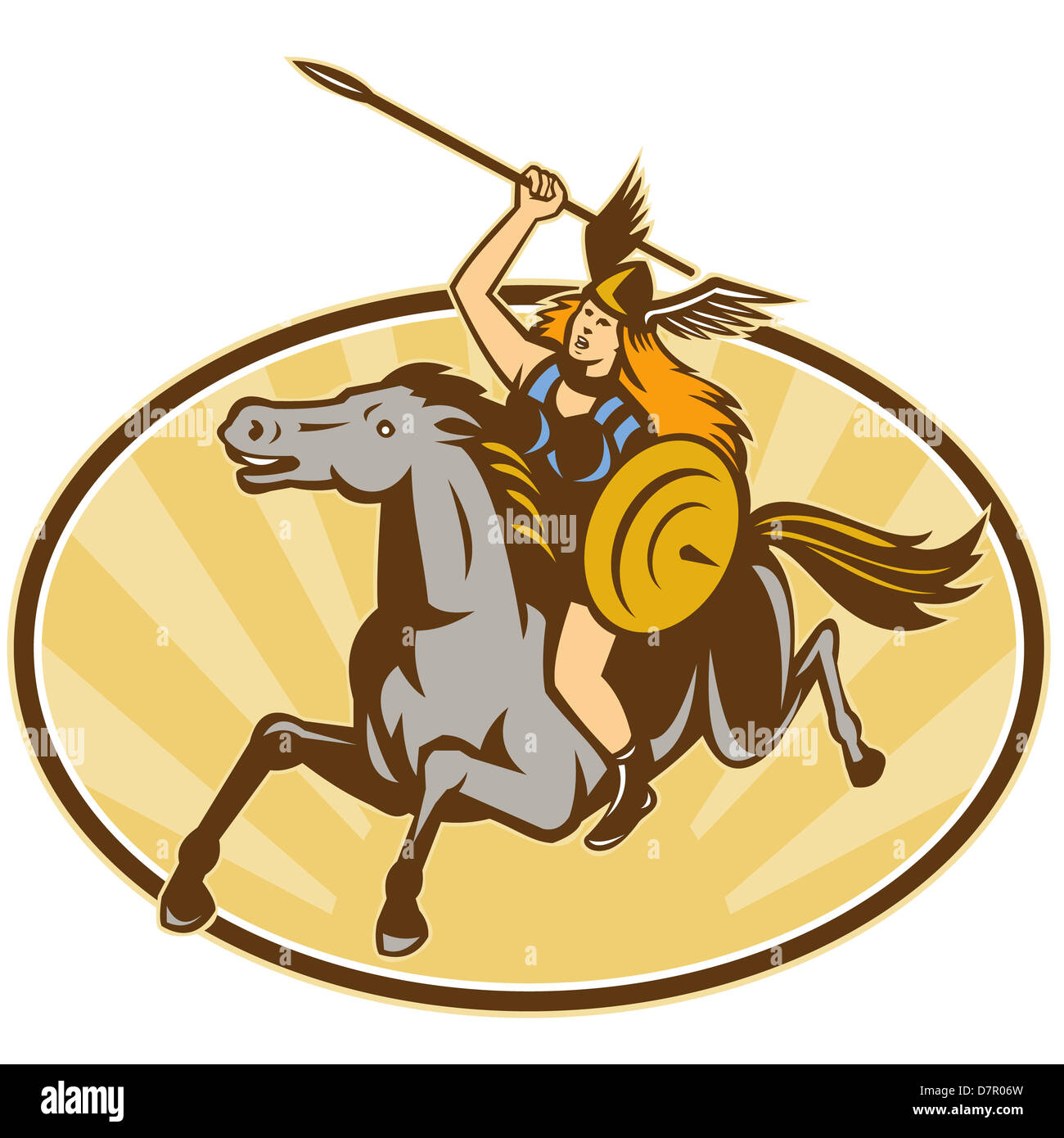 Illustration of valkyrie of Norse mythology female rider warriors riding horse with spear done in retro style. Stock Photo