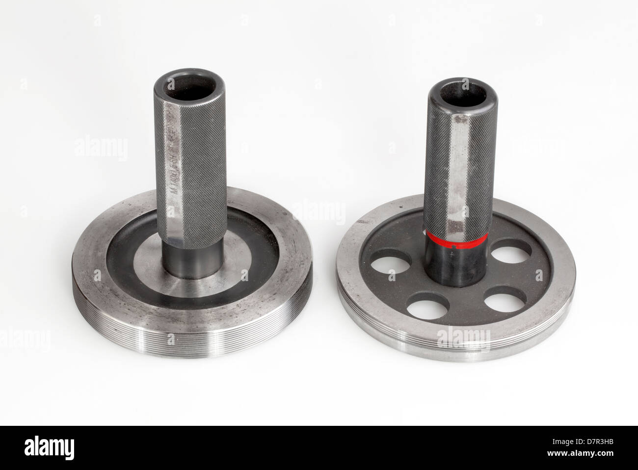 measurement of a Piece of metal with a Go-No gauge or Go/no go, Grenzlehre oder Kaliberlehre Stock Photo