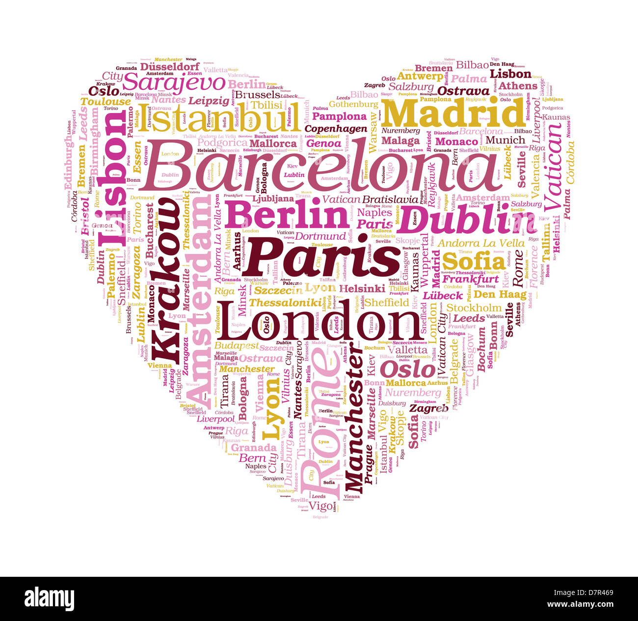 Love Shaped European Cities Vector Word Cloud on white background Stock Photo