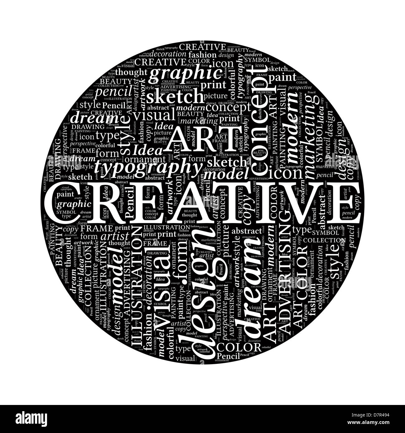 Creative Design Concept - Black and White Word Cloud in Circle Stock Photo