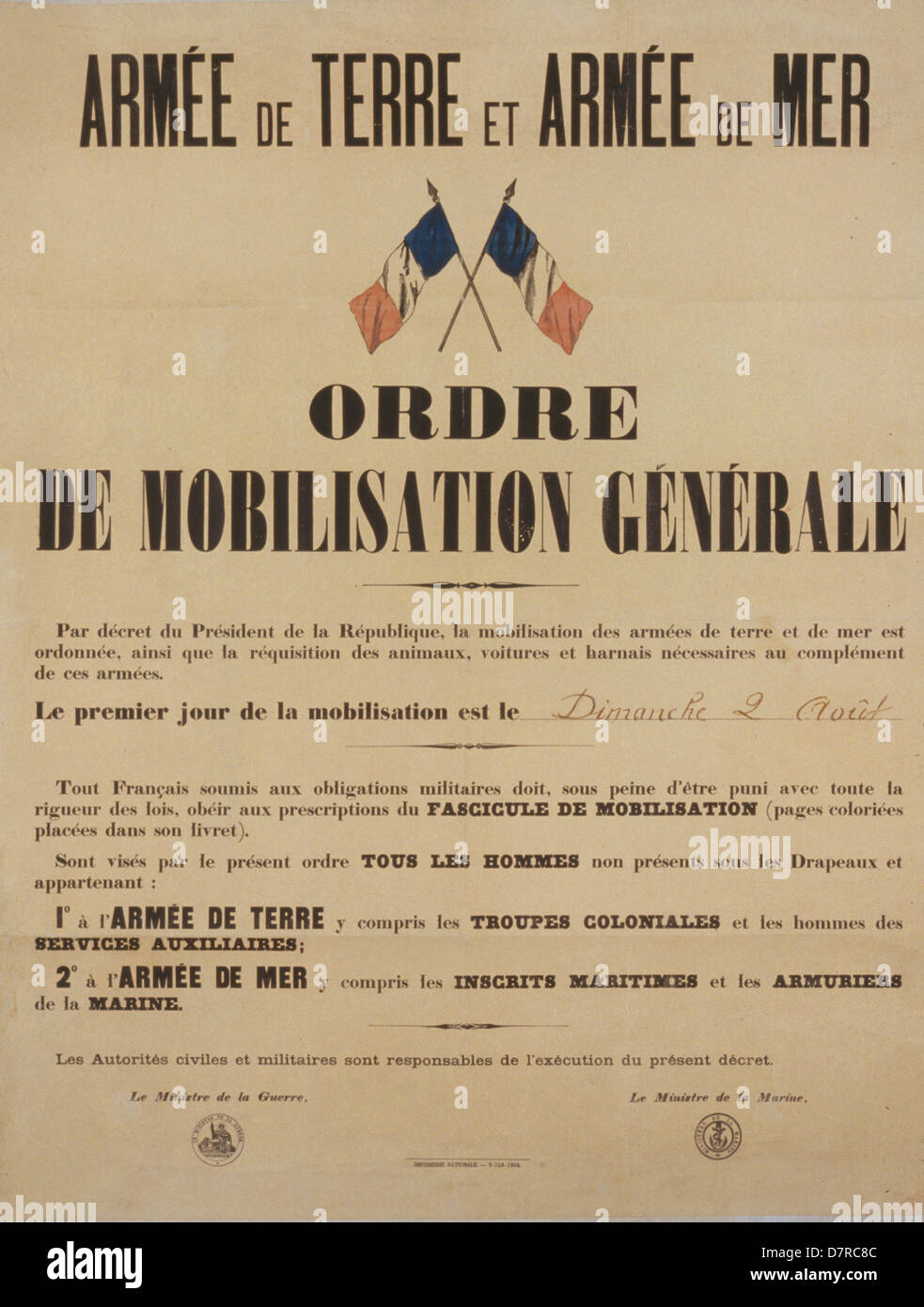 Armée de Terre et Armée de Mer. Ordre de Mobilisation Générale 1914 Stock Photo