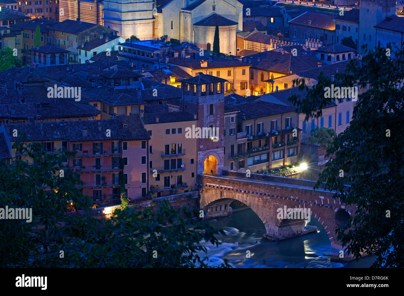 Verona. Duomo. Cathedral at Dusk. The Stone bridge. Ponte di petra. Adige river. Veneto. Italy. Europe Stock Photo