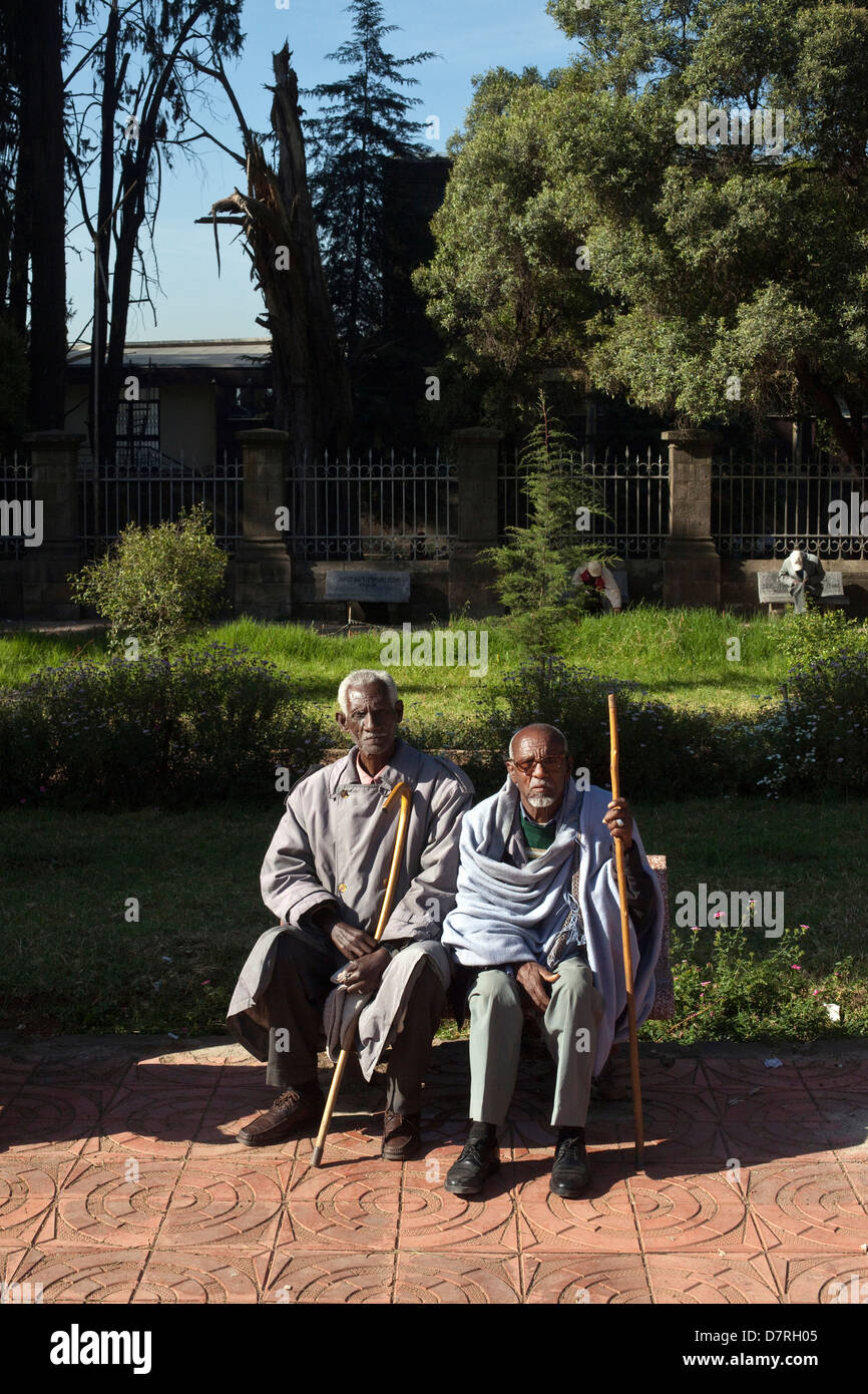 Two old men outside St George's Cathedral in Addis Ababa, Ethiopia Stock Photo