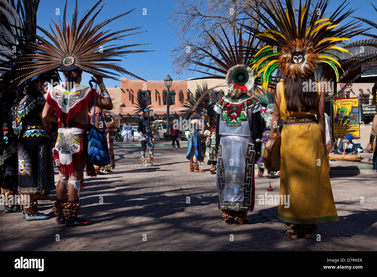 A dance performance by the Danza Azteca de Anahuac on the Dia de Cuautemoc on the Plaza in Taos, New Mexico. Stock Photo