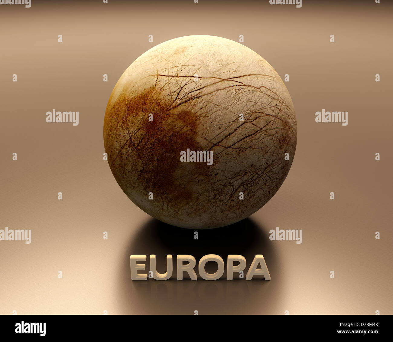 A rendered Image of the Jupiter Moon Europa with caption. Stock Photo