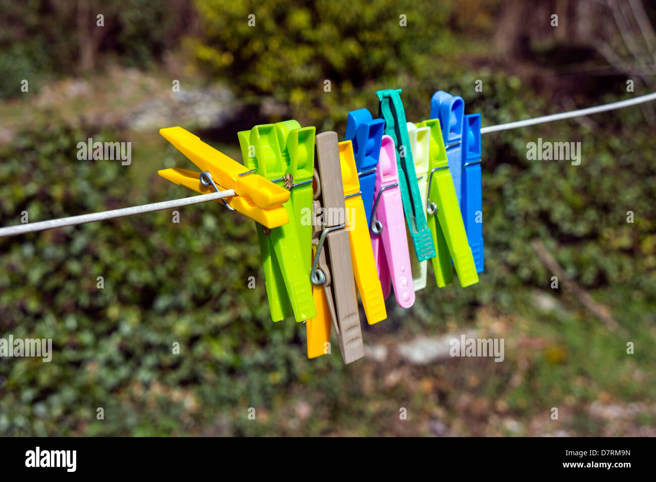 Colorful plastic pegs on washing line, washday Stock Photo