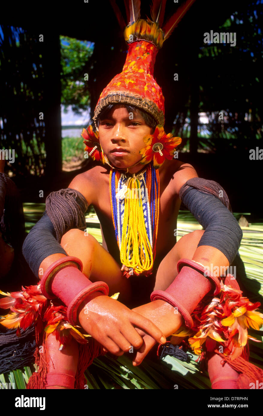 Portrait of Karaja indigenous people wearing colorful adornments headdress Ilha do Bananal ( Bananal island ) Mid-west Brazil Stock Photo