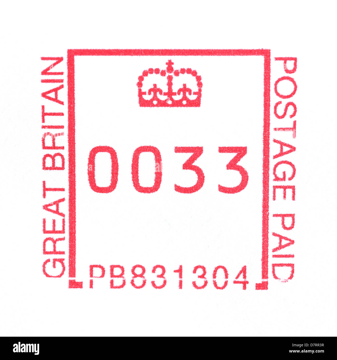 A stamp made by a Royal Mail franking machine showing 33 pence postage Stock Photo