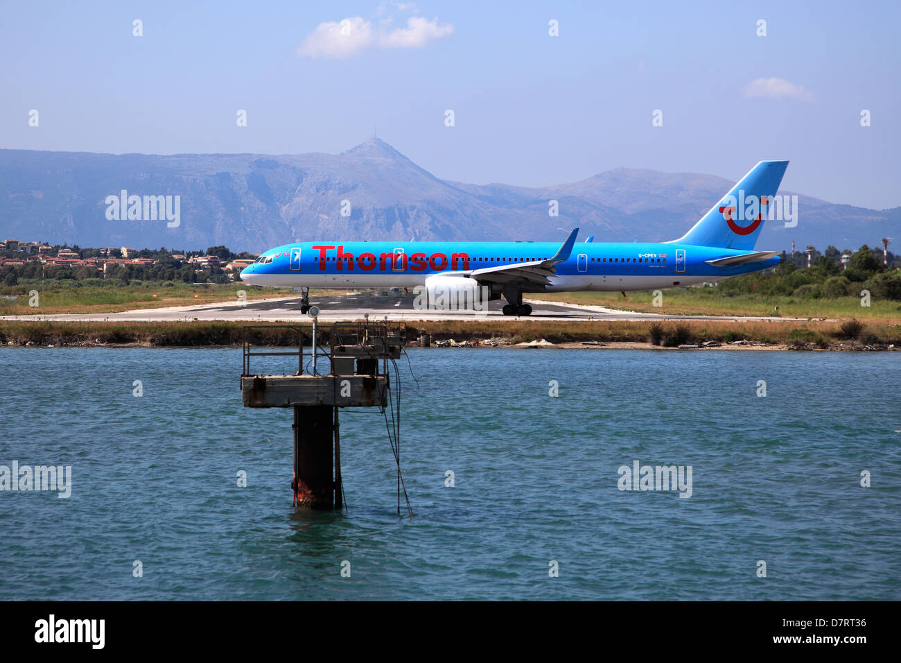 Thomson Holidays plane taxing at Corfu Airport, Halkiopoulos Lagoon, Kanoni Peninsular, Corfu Island, Greece. Stock Photo