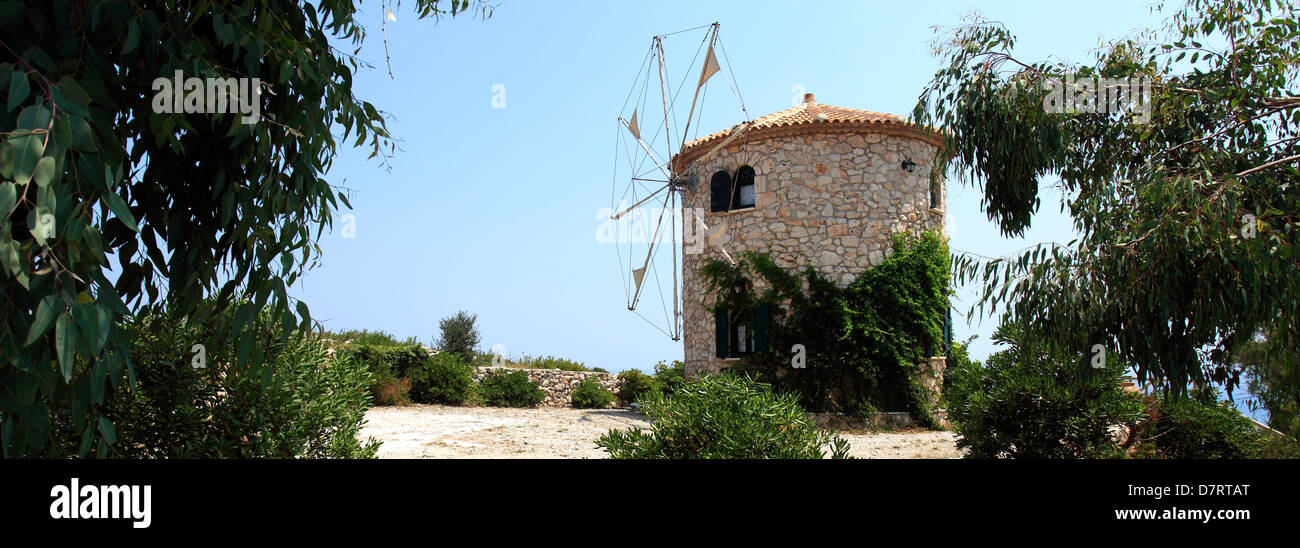 Windmill in the farming village of Skinari, Zakynthos Island, Zante, Greece, Europe. Stock Photo