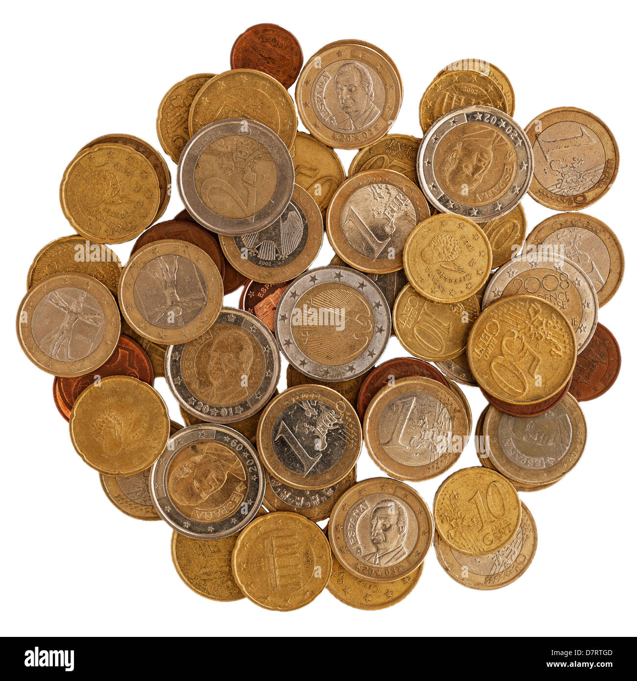 Mixed Spanish coins including euros and cents on a white background Stock Photo